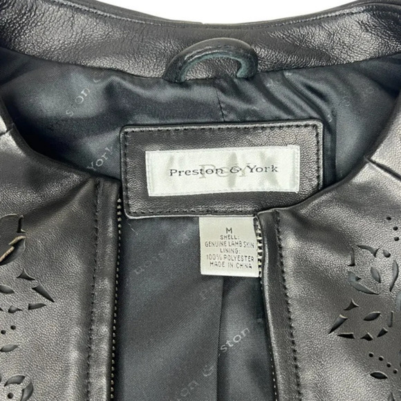 PRESTON & YORK Black Leather Jacket Cutout Design Zip Up Size Medium - Picture 8 of 8